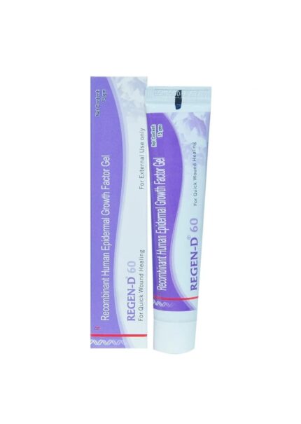 Medicinal Benefits:  Regen D 60 Gel contains recombinant human epidermal growth factor, an endogenous growth factor that helps in wound healing and new cell production. It is a glycoprotein that binds to epidermal growth factor receptors, enhancing the processes responsible for cellular proliferation, new cell production, collagen synthesis, and reduced cell death, thereby amplifying wound healing and finding major application in the treatment of diabetic foot ulcers, bedsore, chronic leg ulcers and vascular ulcers.